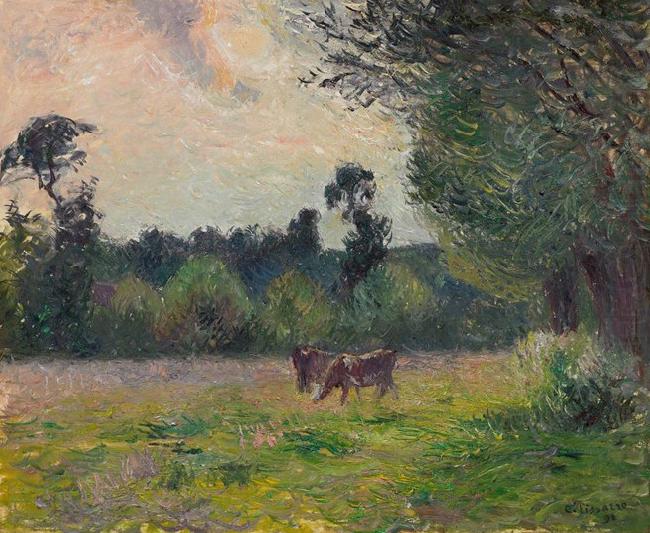 Vaches dans un pre, soleil couchant, Camille Pissarro